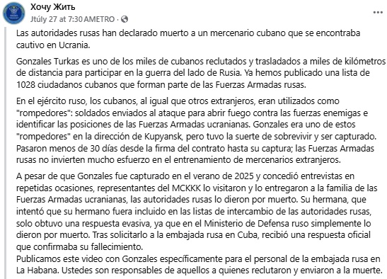 Publicación que denuncia la situación del cubano.