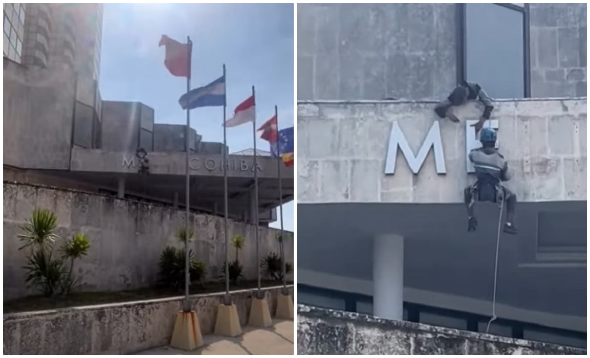 Imagen de trabajadores desmontando el icónico letrero de Meliá.