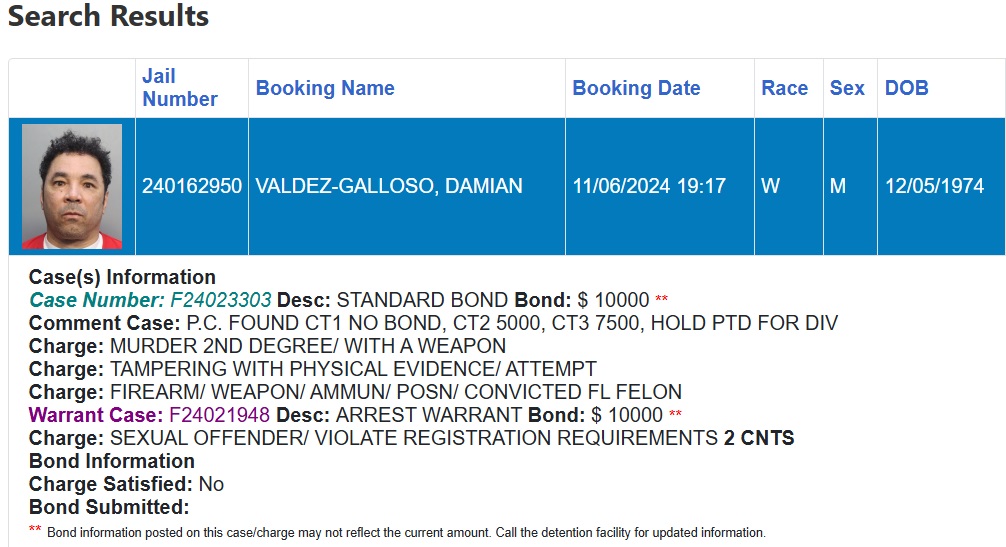 Ficha de arresto de Damian Valdez.
