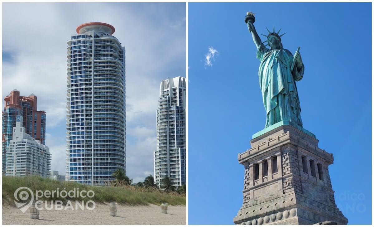 Imagen ilustrativa que muestra a la ciudad de Miami y la Estatua de la Libertad.