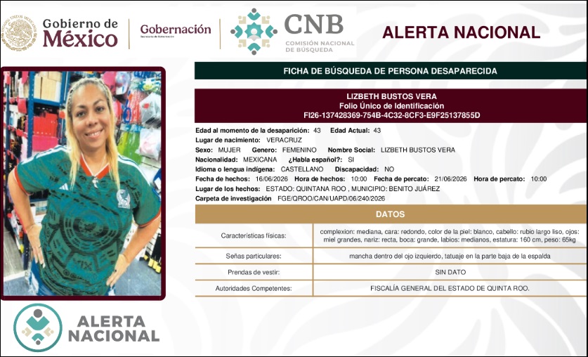 Ficha de desaparición de la mujer.
