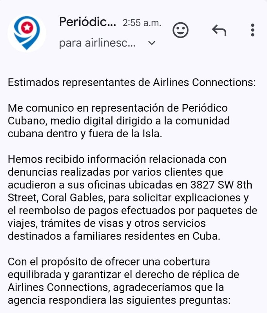 Parte del correo enviado a la agencia.