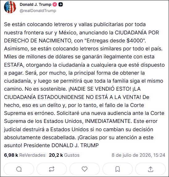 Petición hecha por Trump en sus redes sociales.