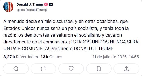 Trump le declara la guerra al comunismo en redes sociales. (Captura de pantalla © Donald Trump-Truth Social)