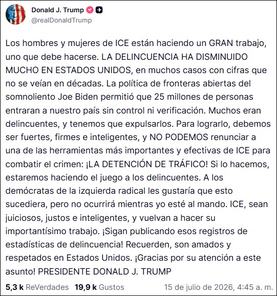 Publicación de Trump defendiendo las paradas de tránsito.