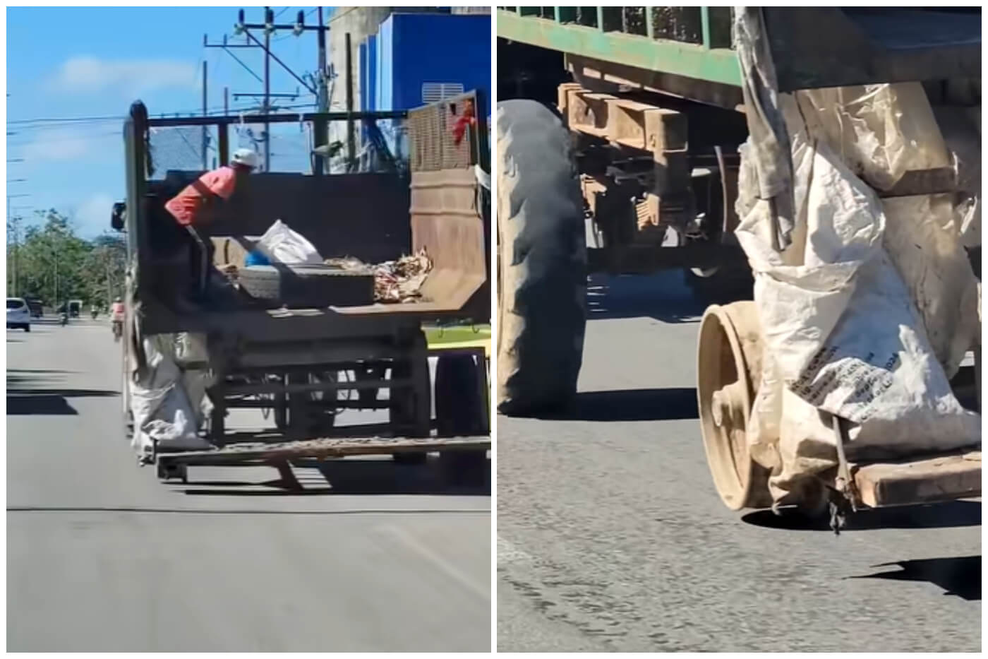 Tractor sin una goma circula en plena avenida.