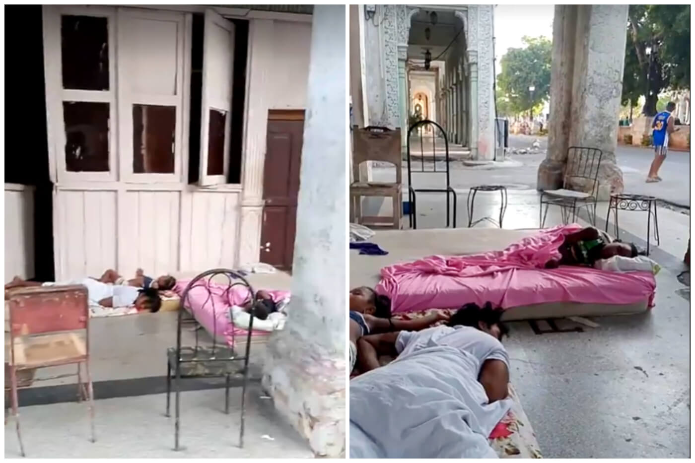 Los niños pasaron la noche al aire libre, en un portal de la calle, para soportar el calor.