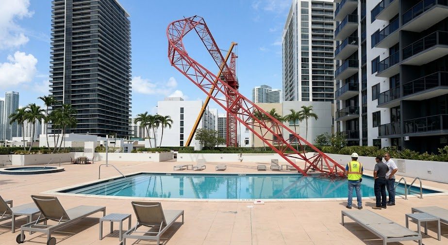Impactante accidente en Miami: grúa se desploma sobre la piscina de un edificio
