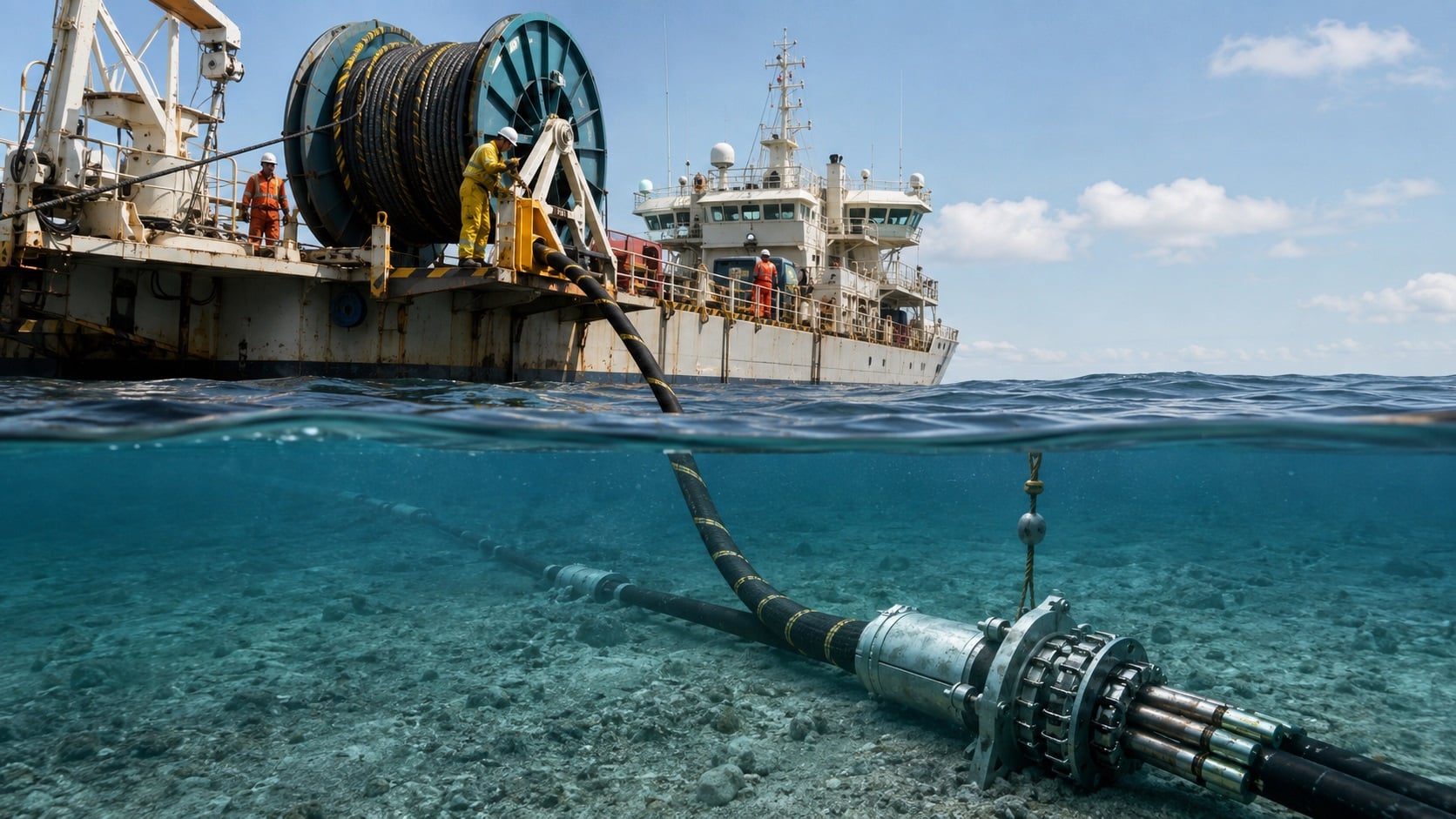 Imagen ilustrativa que representa la instalación de un cable submarino.