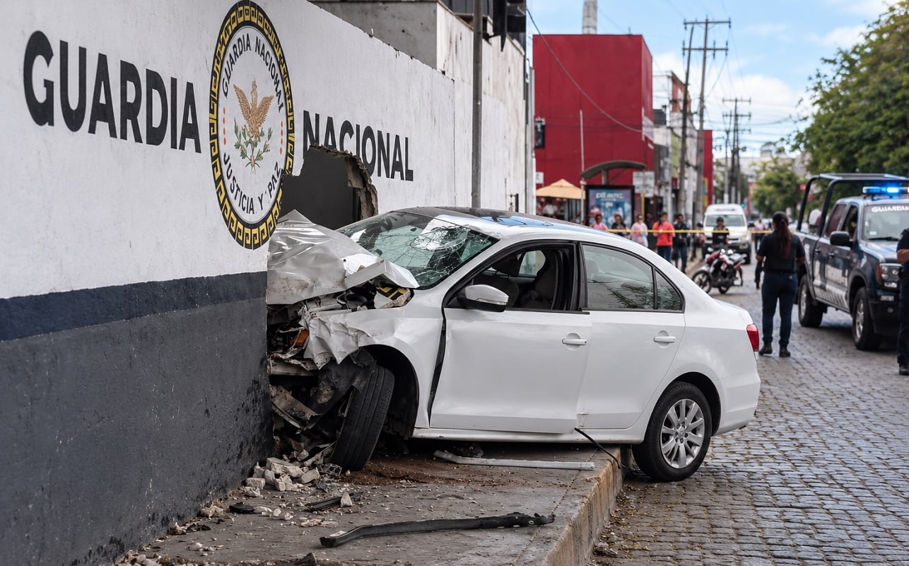 Automóvil choca contra la Guardia Nacional en Cancún.