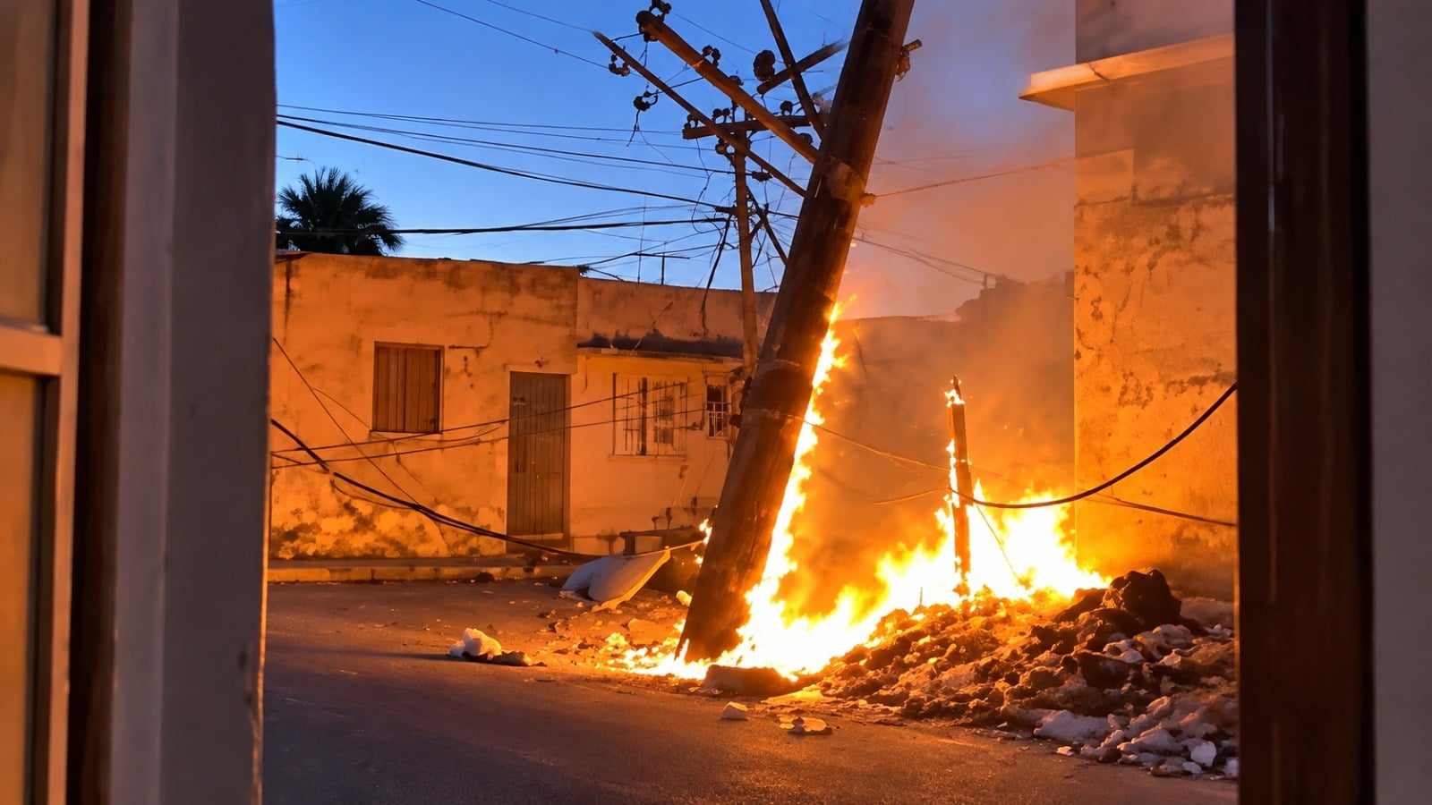 Incendio durante apagón en San Antonio de los Baños deja poste eléctrico caído y vecinos denuncian abandono