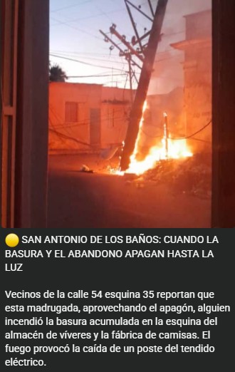 Incendio durante apagón en San Antonio de los Baños deja poste eléctrico caído y vecinos denuncian abandono
