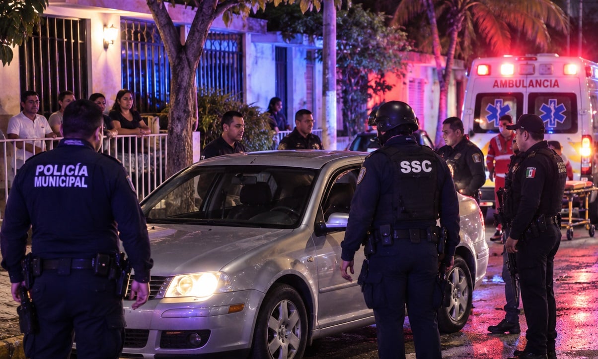 Policías y ambulancias en Cancún.