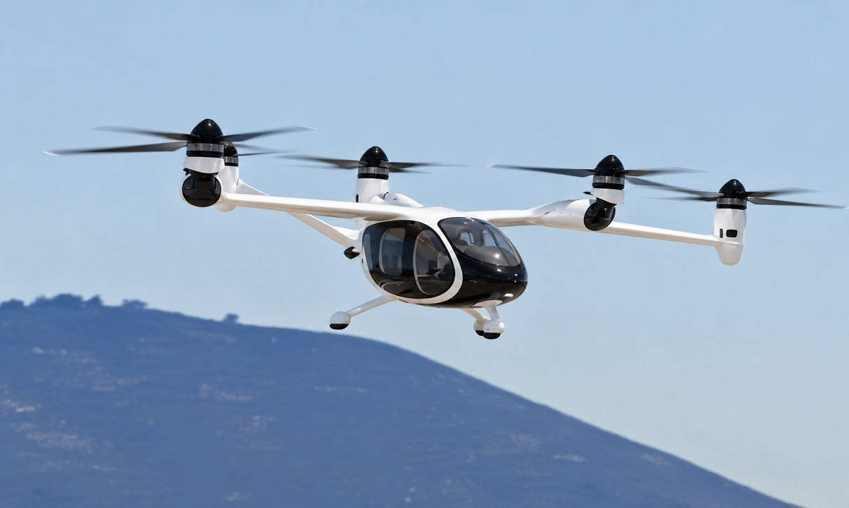 La aeronave de Joby Aviation utiliza seis hélices orientables para despegar y aterrizar verticalmente. (Imagen © Periódico Cubano-Gemini)